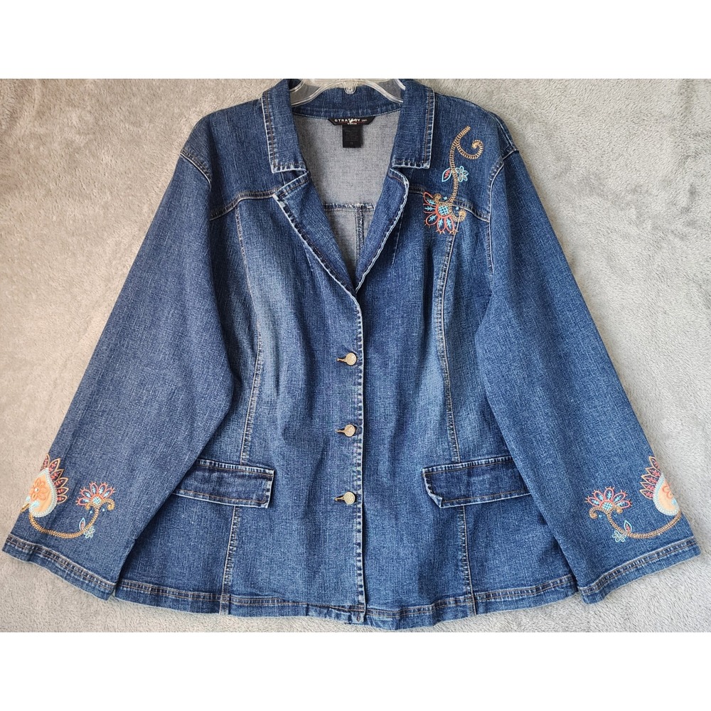 Strategy Inc Denim Jacket Womens 18 Blue Embroidered Floral Button Front Blazer